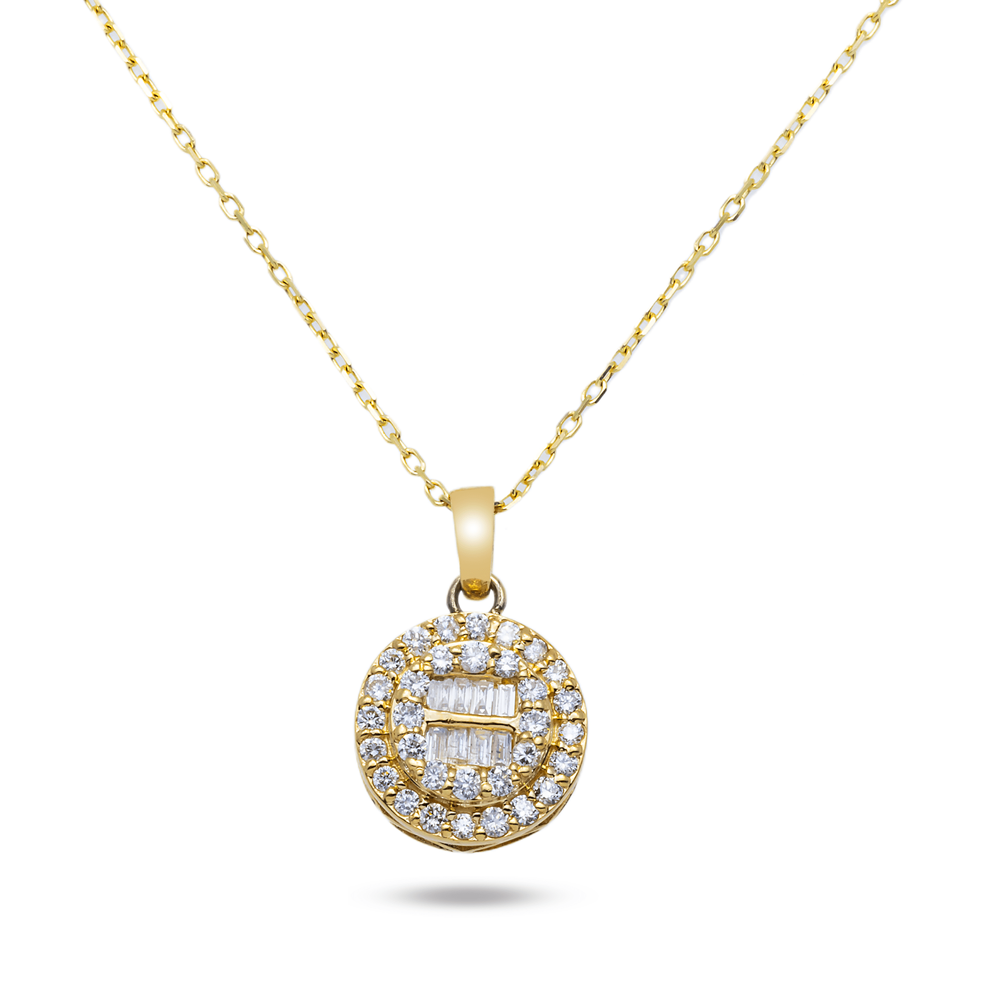 Close-up of 14K Yellow Gold Round Halo Pendant – 1.25 CT Round and Baguette Diamonds in Halo Setting