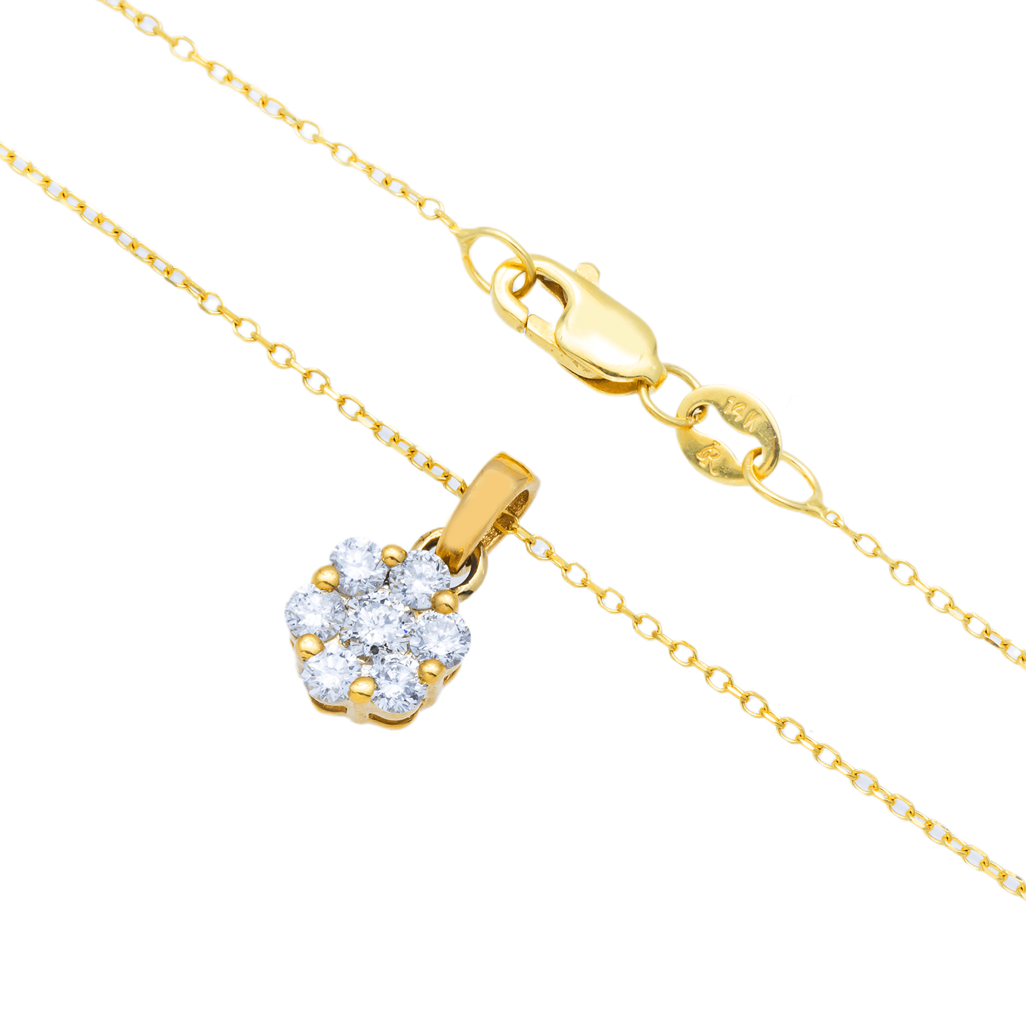 Close-up of 14K Yellow Gold Flower Cluster Pendant – 0.30 CT Round-Cut Diamonds in Floral Arrangement