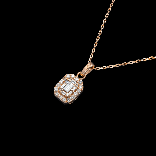 Gold necklace with a diamond pendant on a black background