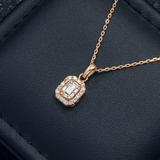 14K Rose Gold Rectangle Halo Pendant Necklace – 0.75 Carat Round & Baguette-Cut Diamond Elegant Jewelry