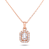 Close-up of 14K Rose Gold Rectangle Pendant – Halo Setting with 0.75 CT Round and Baguette Diamonds