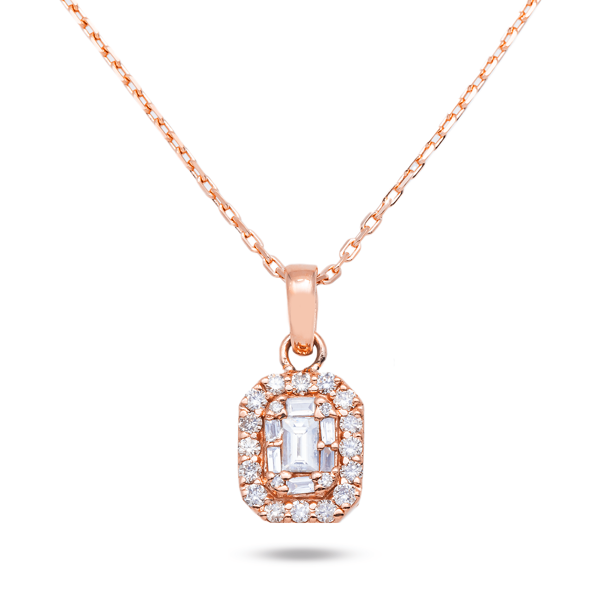 Close-up of 14K Rose Gold Rectangle Pendant – Halo Setting with 0.75 CT Round and Baguette Diamonds