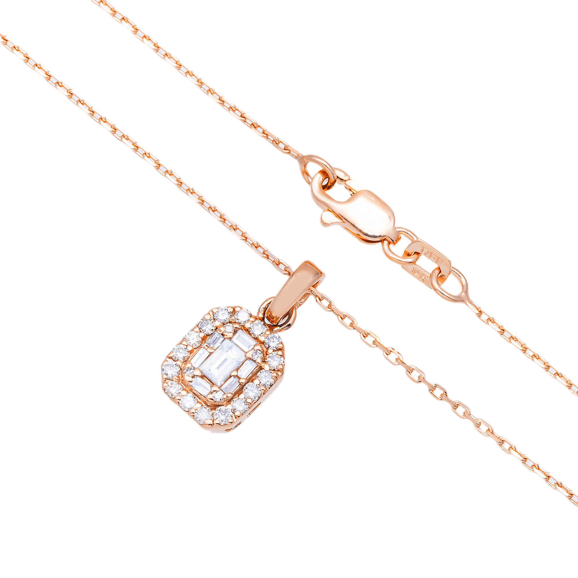 Detail view of 14K Rose Gold Diamond Rectangle Pendant Necklace – 0.75 Carat in Halo Design with Polished Chain