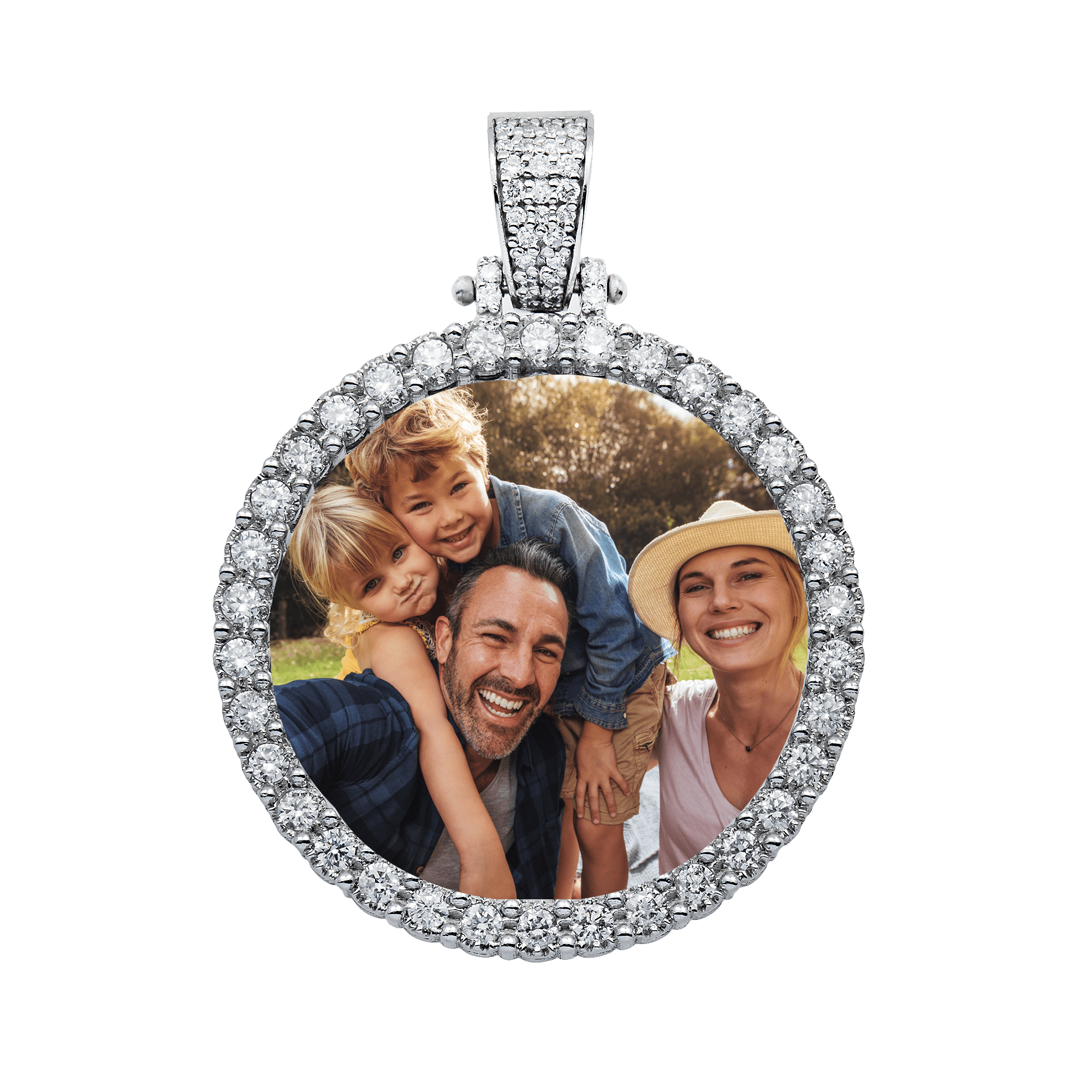 Pendant with a family photo embedded in the center on a white background