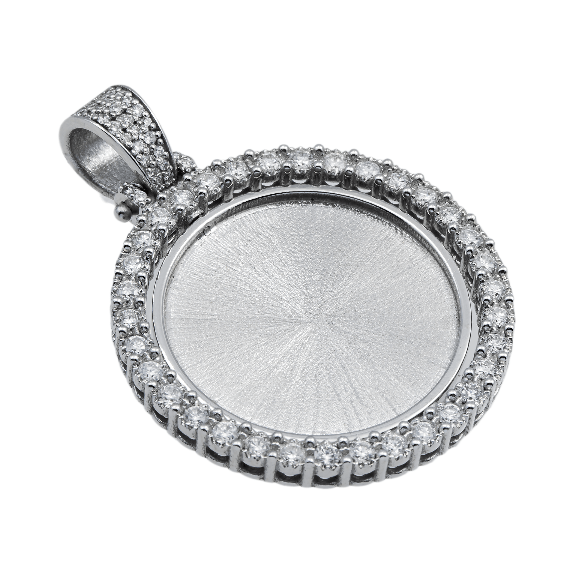Silver pendant with clear diamonds on a white background