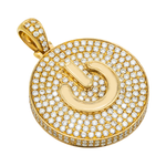 Gold Power play button pendant in yellow gold on a white background