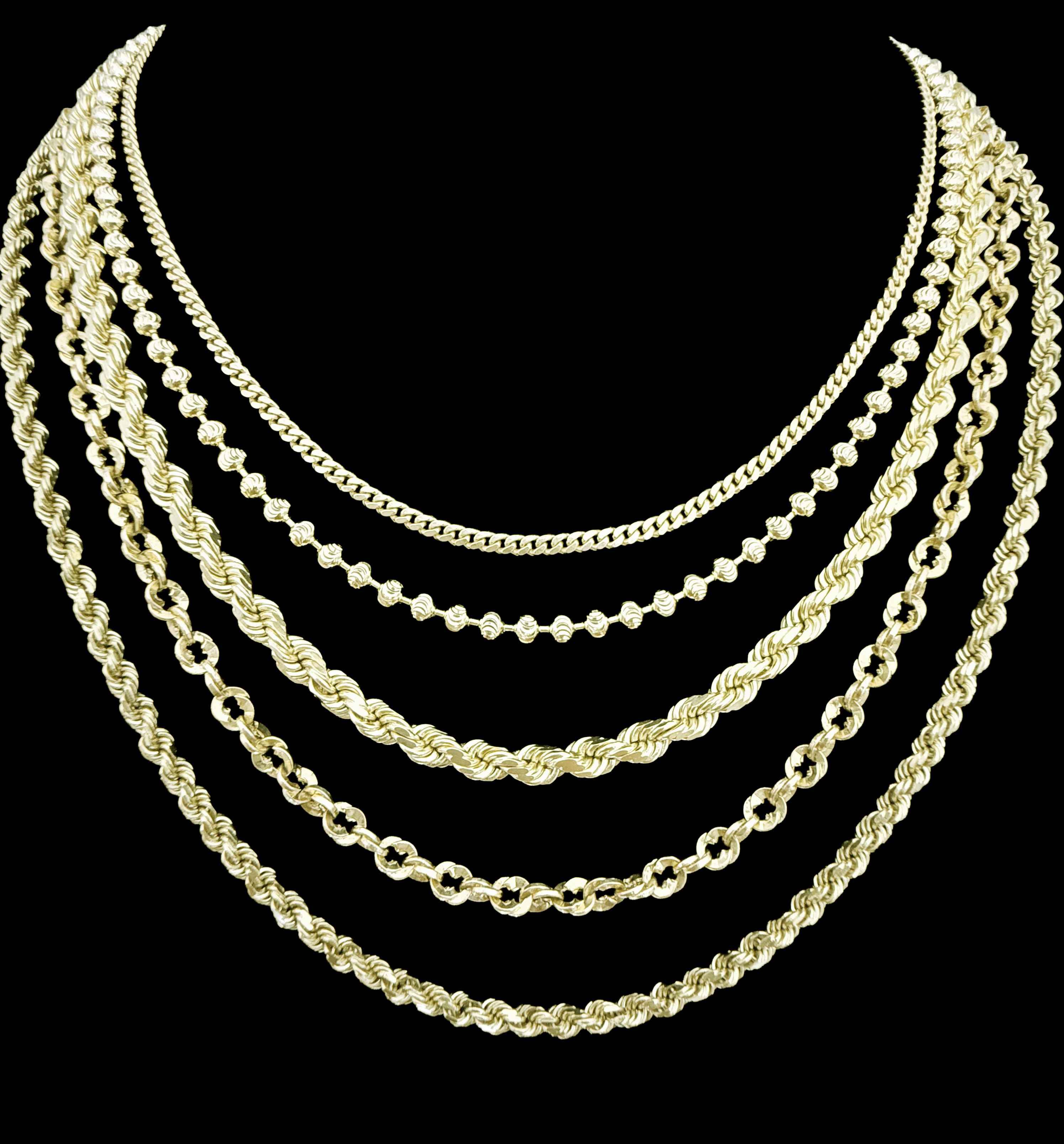 Five layered gold chains of varying styles and textures displayed on a solid black background.